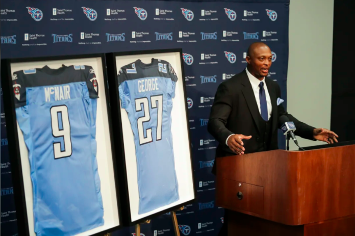 Eddie George speaking The Tennessee Titans announce they are retiring the jersey numbers of franchise legends Eddie George and Steve McNair. (Photo by: Tennessee Titans | Donald Page)