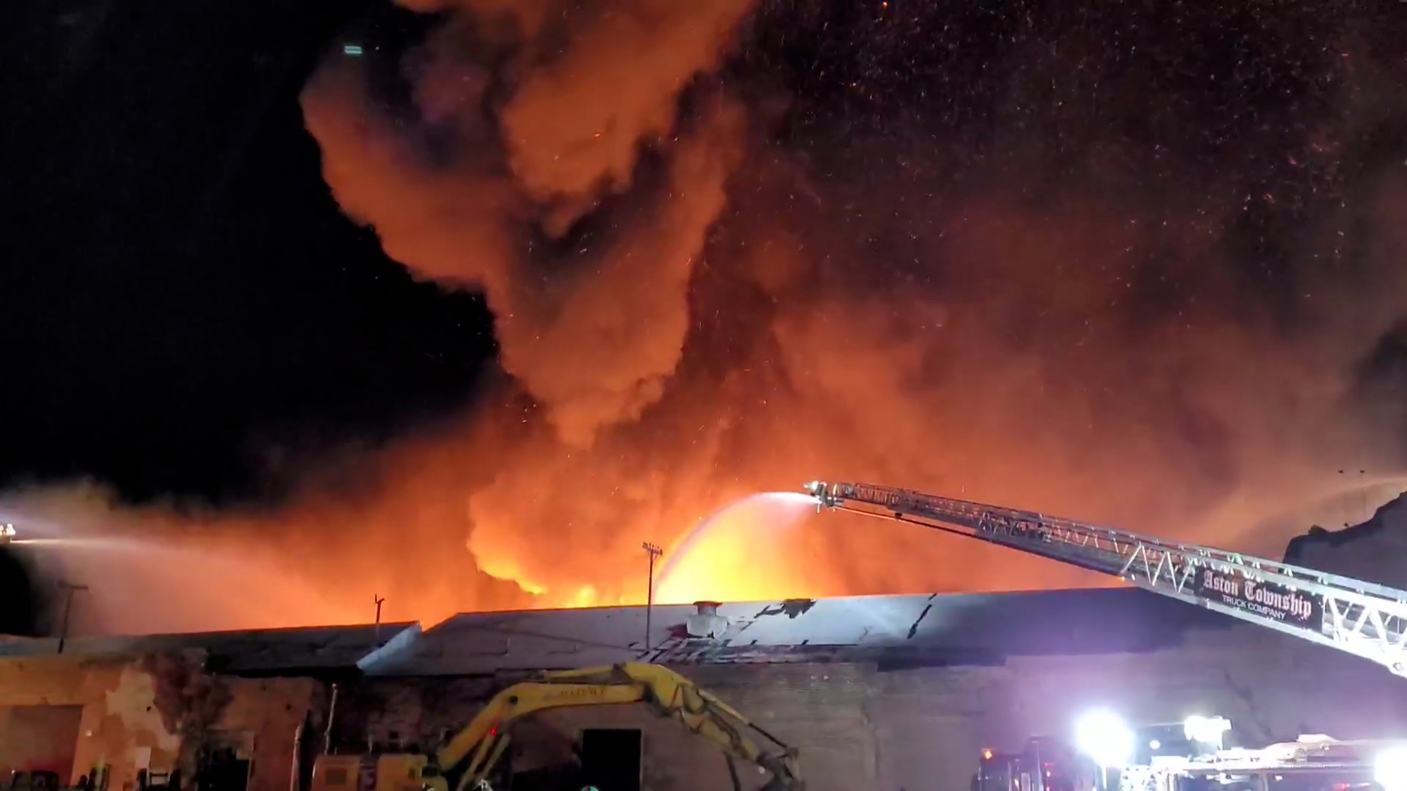Fire Departments from Delco, Chester and New Castle County in eastern Pennsylvania battling the inferno at the Marcus Hook Warehouse in Delaware County on Nov. 1. (@DelcoDES/Zenger)