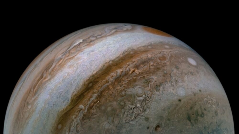 This view of Jupiter’s turbulent atmosphere from NASA’s Juno spacecraft includes several of the planet’s southern jet streams. (Image processed by Tanya Oleksuik, courtesy of NASA/JPL-Caltech/SwRI/MSSS)