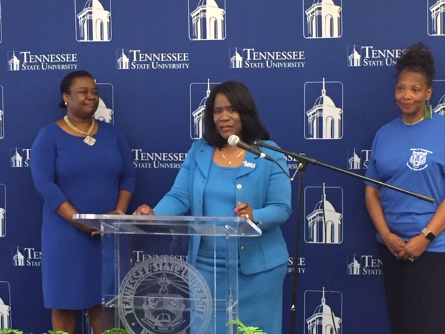App-kickoff- TSU President Dr. Glenda Glover (center); Dr. Alisha Mosley, interim Vice President of Academic Affairs (left); and Dr. Robbie Melton, the initiative’s facilitator, talk to media before kickoff. (TSU Media Relations)