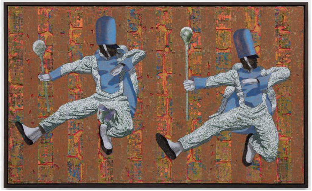 Derek Fordjour. Airborne Double, 2022. Acrylic, charcoal, cardboard, oil pastel, and foil on newspaper mounted on canvas; 60 x 100 in. Frances Fine Art Collection, courtesy of the artist, David Kordansky Gallery, and Petzel Gallery, New York. Photo: Daniel Greer. © Derek Fordjour