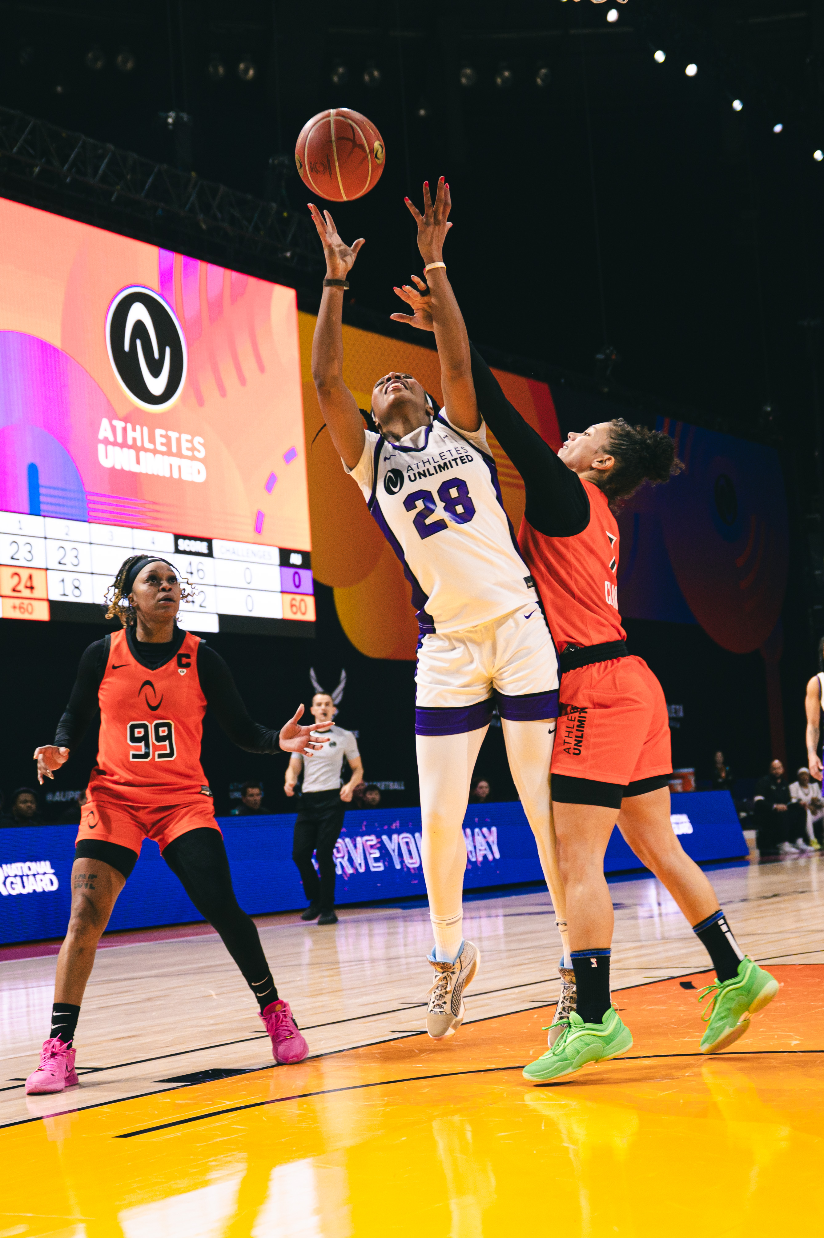 Dorie Harrison goes up strong in the paint during Athletes Unlimited Pro Basketball action at Municipal Auditorium in Nashville.