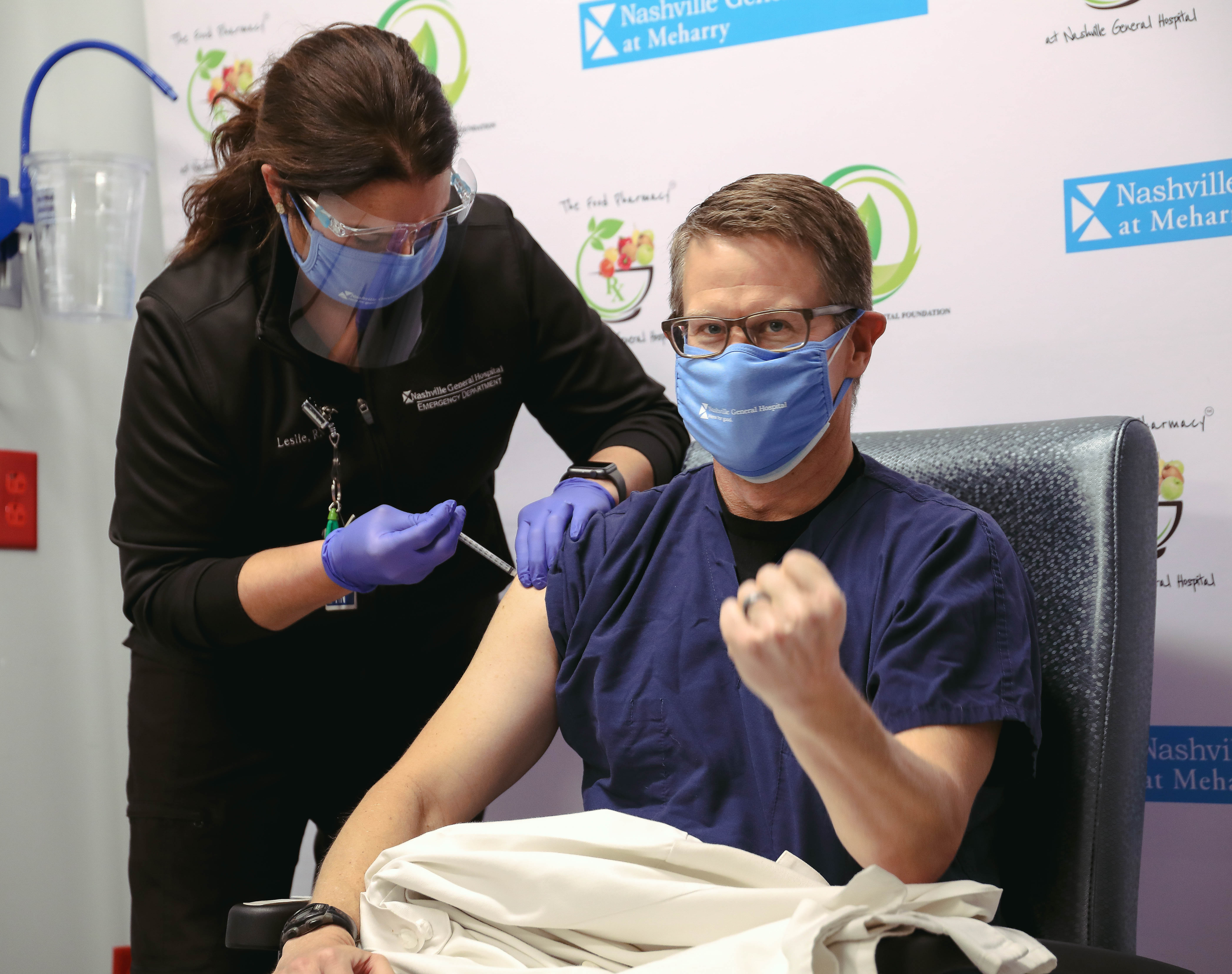 Dr. Ben Heavrin (ED) receives the COVID-19 vaccine by Emergency department nurse, Leslie Horton, RN. (Photo by: Carl "C-Roy Carswell)