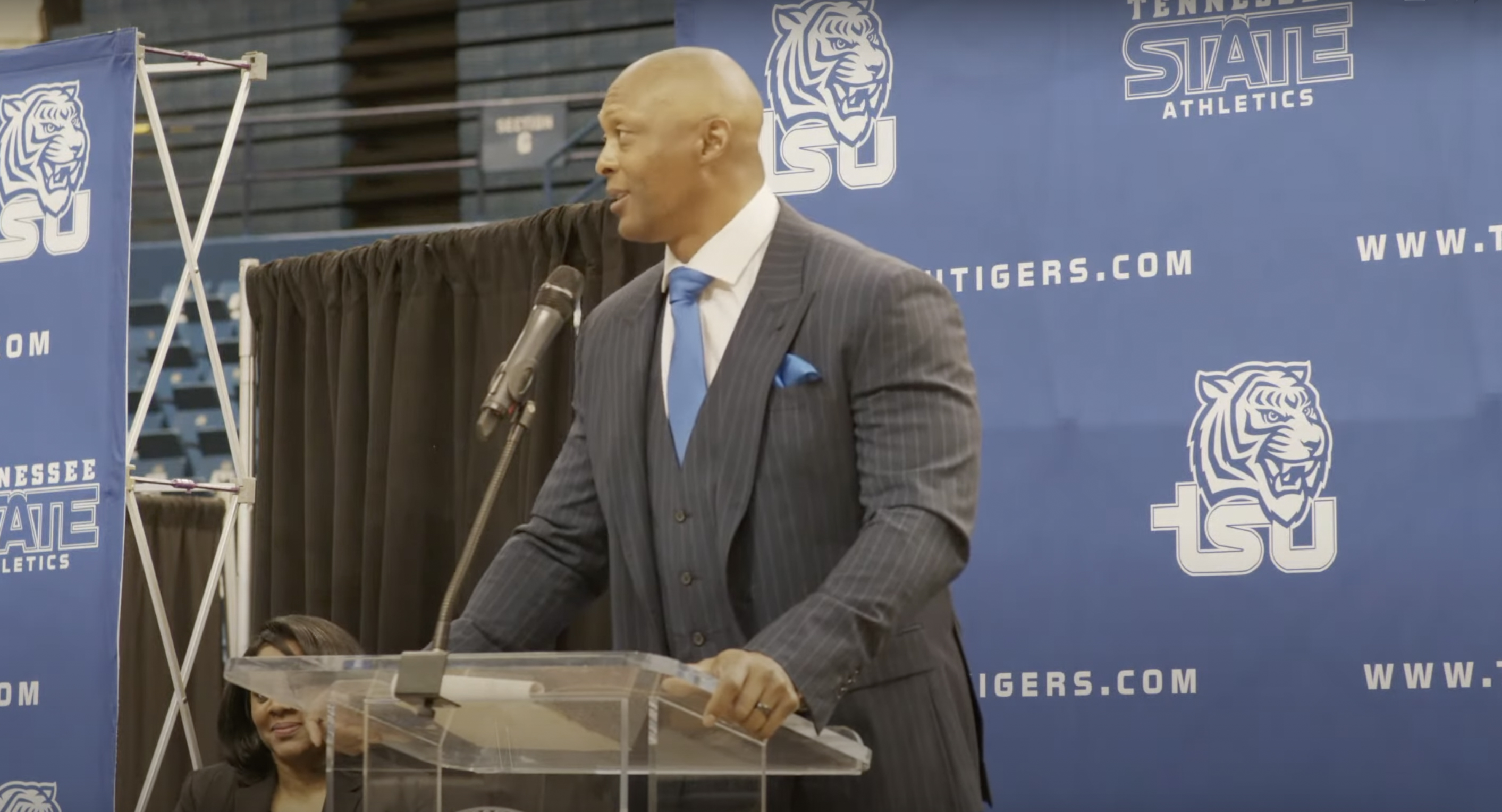 Eddie George speaking at a Tennessee State University Press Conference introducing him as the new head coach for the school's football team. (Photo: tnstate.edu/youtube)