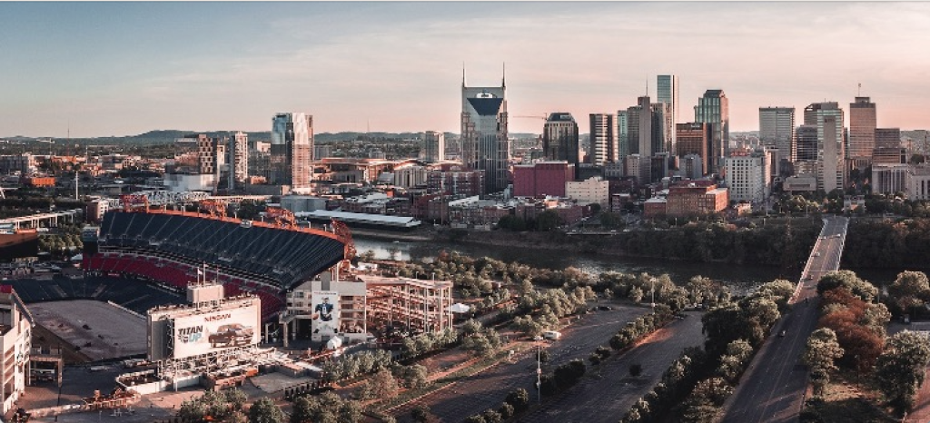 Downtown Nashville skyline at sunset