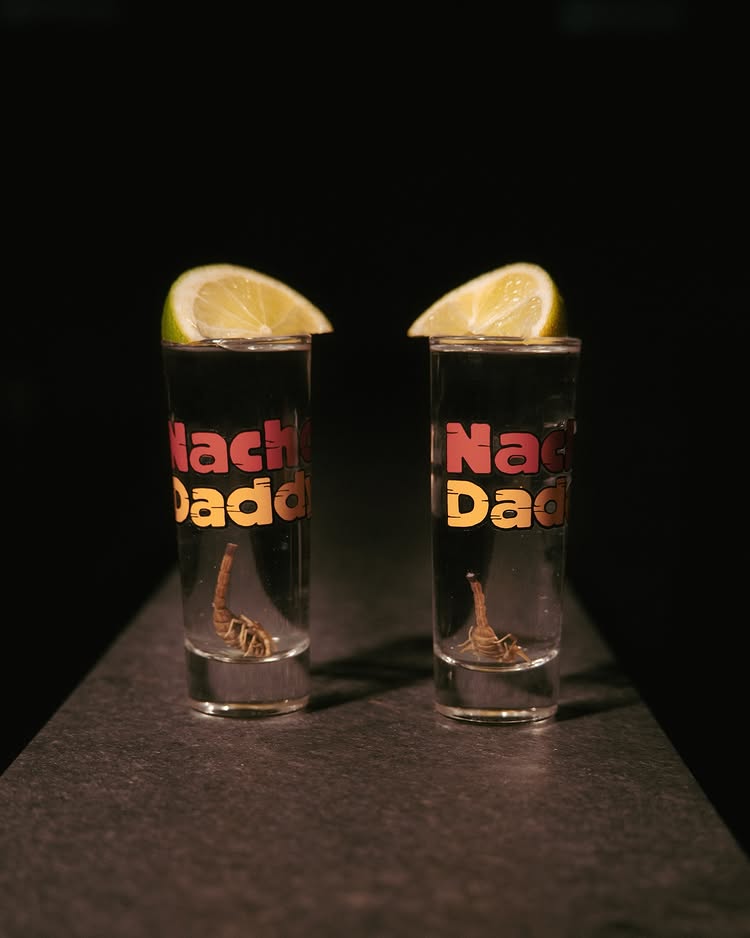 Two shot glasses filled with tequila, each containing a real scorpion at the bottom, served with a lime wedge on the rim, branded with the Nacho Daddy logo against a dark background.