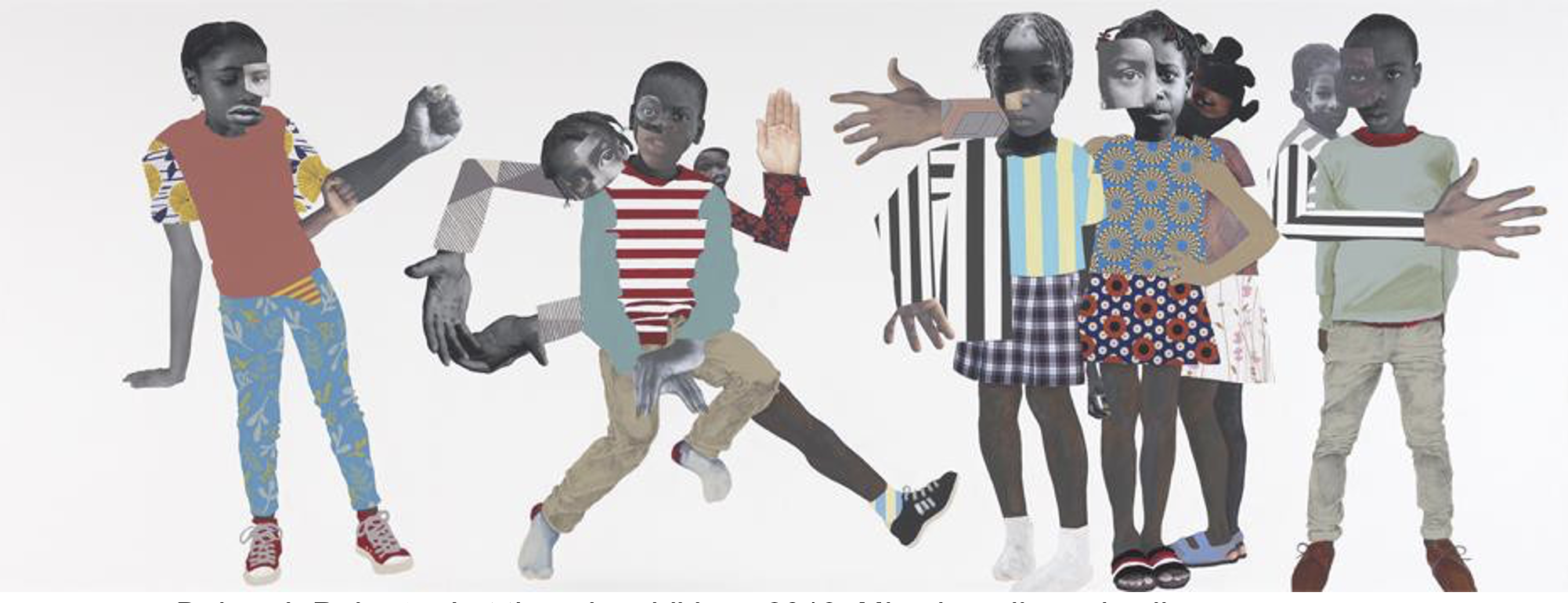 Deborah Roberts. Let them be children, 2018. Mixed media and collage on canvas; 45 1/8 x 140 1/8 in. Virginia Museum of Fine Arts, Richmond, Arthur and Margaret Glasgow Endowment, 2019.1. © Deborah Roberts. Photo: Sydney Collins, © Virginia Museum of Fine Arts.