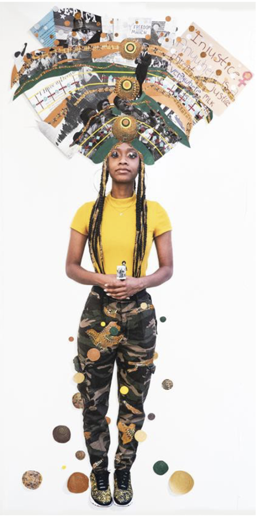 Helina Metaferia. Headdress 43 (Part of By Way of Revolution series), 2022. Mixed media collage;96 x 48 in. Courtesy of the artist.
© Helina Metaferia
