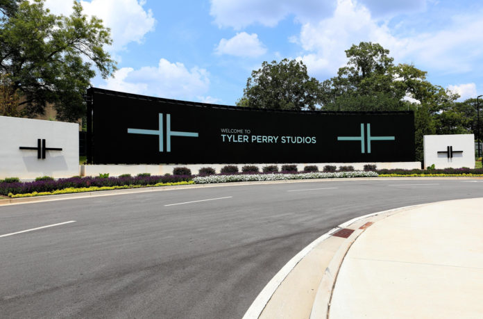 Tyler Perry Studios 'Welcome To Tyler Perry Studios' signage outside Tyler Perry Studios in Atlanta, Georgia on July 27, 2019.