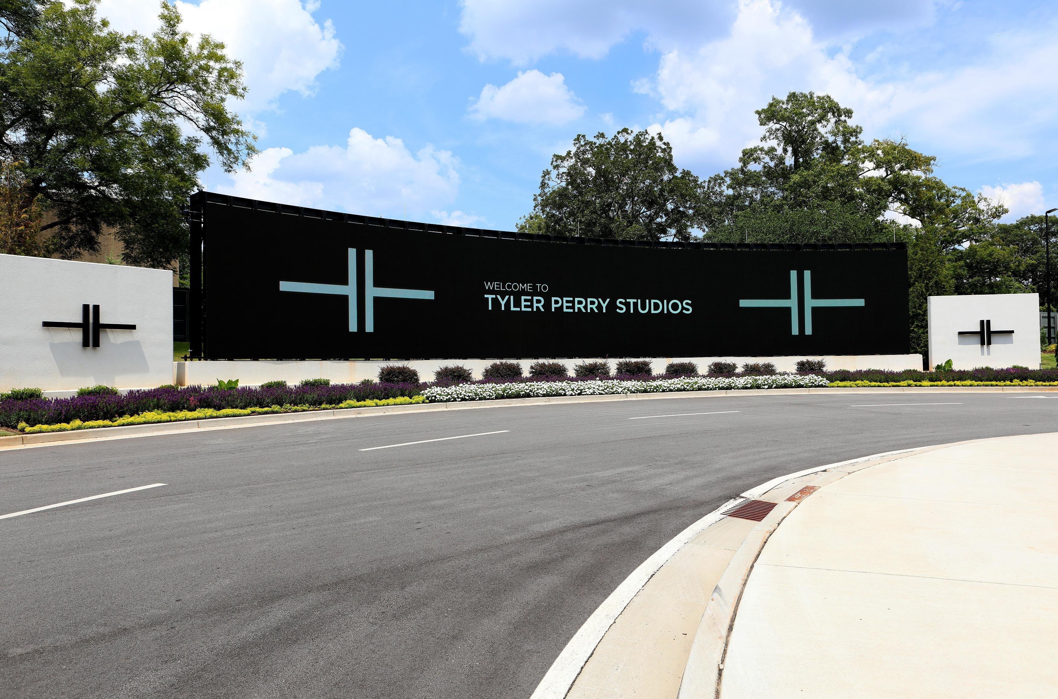 'Welcome To Tyler Perry Studios' signage outside Tyler Perry Studios in Atlanta, Georgia on July 27, 2019.