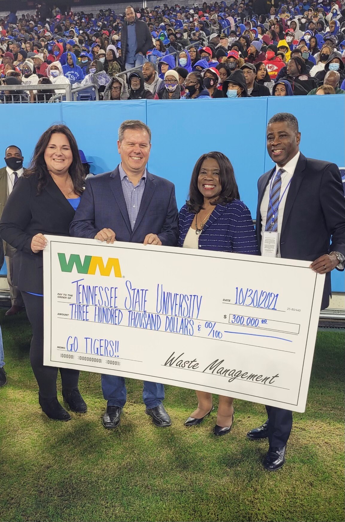(l-r) Jennifer McKay, Senior Communications Specialist, Mid-South, WM; Don Gentilcore, Mid-South Area Director of Disposal Operations, WM; Dr. Glenda Glover, President, TSU; Jamie Isabel, Associate Vice President of Institutional Advancement, TSU (Courtesy Photo)