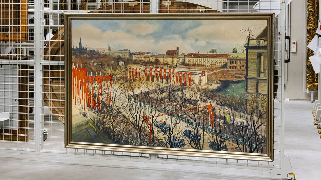 Painting by Austrian artist Igo Potsch depicting driving Adolph Hitler to the proclamation of the annexation of Vienna on March 15, 1938. Potsch was a consultant on painting for the Reich Chamber of Fine Arts, Viennastrong /strong(Wien Museum, Paul Bauer/Zenger)