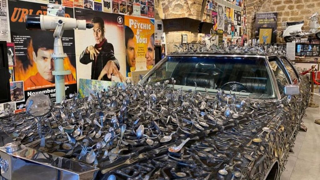 As bending spoons through psychokinesis is the trademark of world-famous mystifier Uri Geller, this cutlery-encrusted 1976 Cadillac is part of the eclectic collection at the Uri Geller Museum in Jaffa. (Abigail K. Leichman)