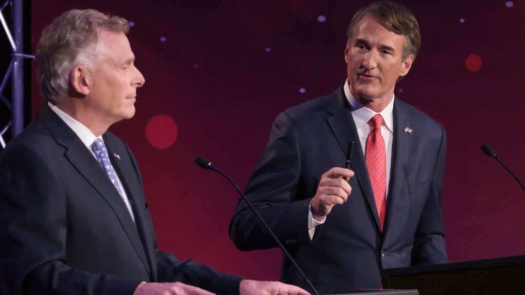Virginia's gubernatorial race has been neck-and-neck for days, and Republican Glenn Youngkin (right) has eked out a narrow lead over Democrat Terry McAuliffe on the final day before the election Nov. 2. (Win McNamee/Getty Images)