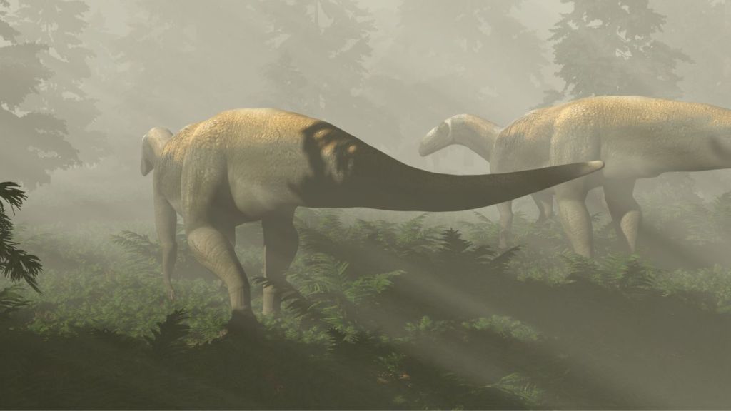 A life-size representative image of herbivorous dinosaurs based on 220-million-year-old fossil footprints from Ipswich, Queensland, Australia. (Anthony Romilio, Kamil Porembinski/Zenger)