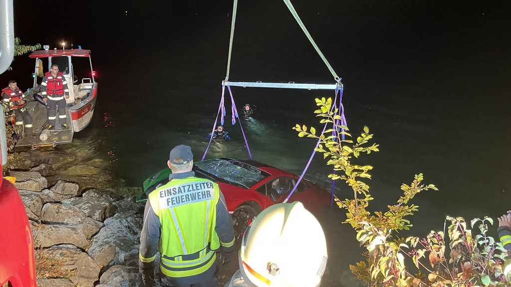 The driver of this Lamborghini apparently mixed up the gas and brake pedals and the luxury sports car ended up in Mondsee Lake in Austria on Oct. 19. (AFKDO Mondsee, C. Stoxreiter/Zenger)