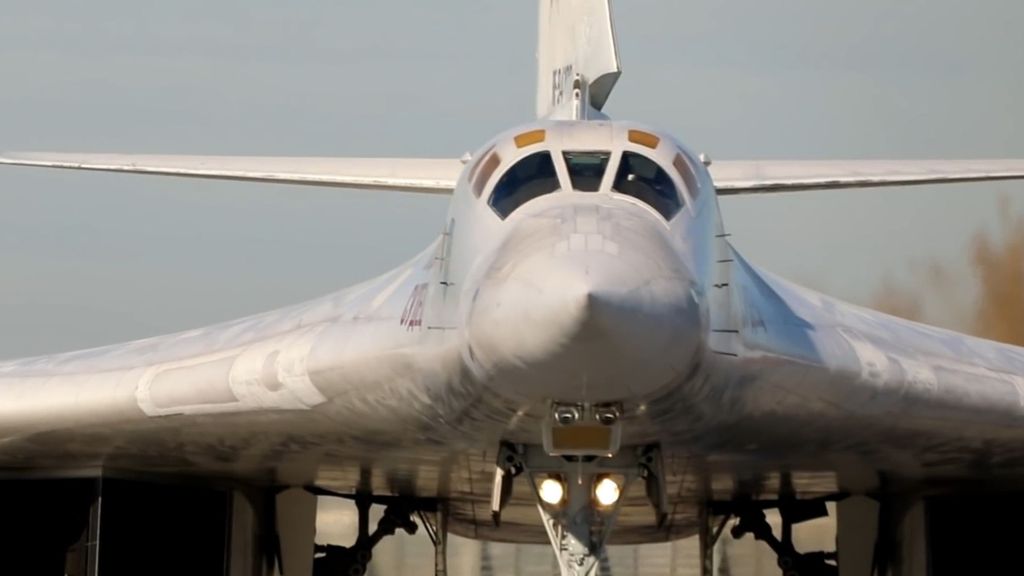 A Russian Tu-160 supersonic bomber jet prepares for takeoff to take part in a joint patrol on Nov. 11 with jets from Belarus in that country's airspace. (Russian Ministry of Defense/Zenger)