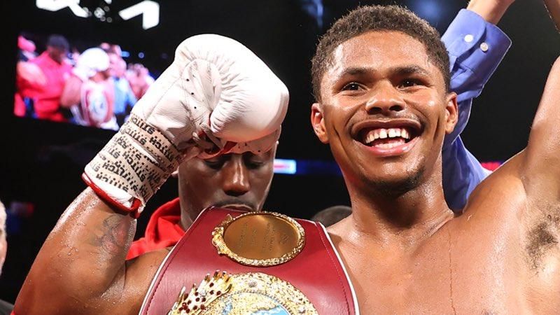 Shakur Stevenson celebrates his 10th round TKO victory over Jamel Herring, which netted him the WBO super featherweight title. (Mikey Williams/Top Rank) 
