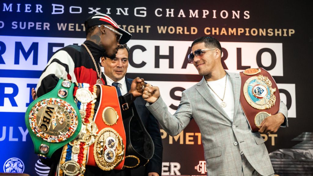 Jermell Charlo and Brian Castano at the fight week press conference for their July 17 bout. (Amanda Westcott/SHOWTIME)