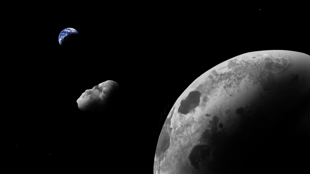An artist impression of Earth quasi-satellite  Kamo`oalewa near the Earth-moon system. Astronomers using the Large Binocular Telescope have shown that it might be a lost fragment of the moon. (Addy Graham/University of Arizona)