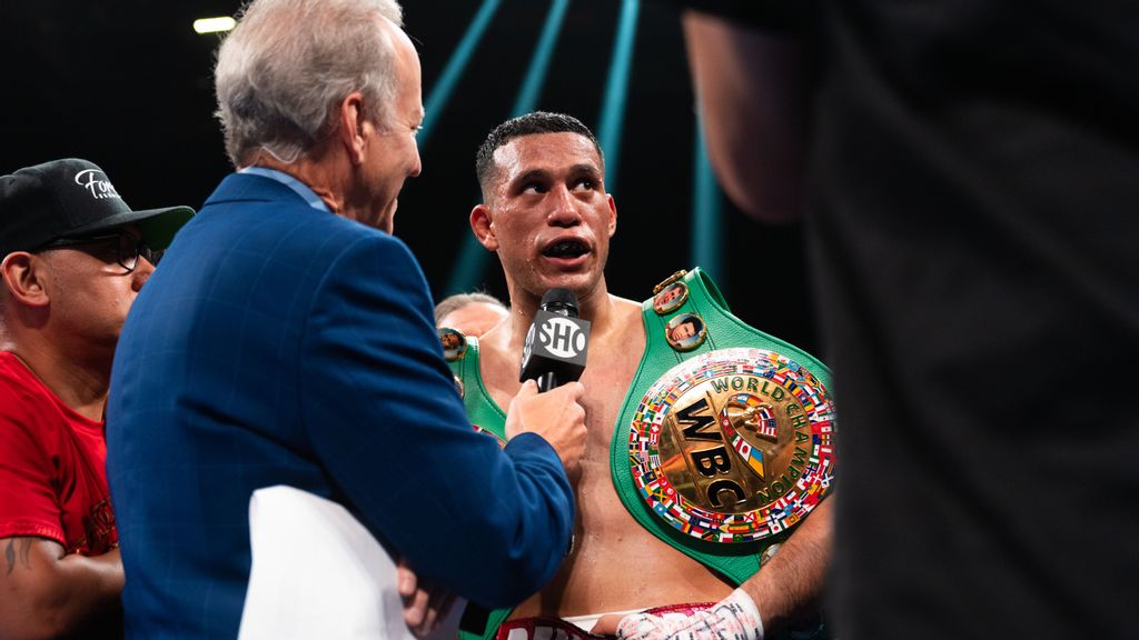 Two-time 168-pound champion David Benavidez (center) remained undefeated with Saturday's seventh-round TKO of Kryone Davis, his fifth straight knockout. Benavidez desires an all-Mexican clash with undisputed super middleweight champion Canelo Alvarez if not WBC 160-pound titleholder Jermall Charlo. (Ryan Hafey/Premier Boxing Champions)
