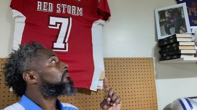 Darryl Smith's memorial No. 7 football jersey hangs in Dante Jones' garage. “The loss of Daryl really made me... focus more on trying to save the lives of inner-city kids,” Jones said. (Courtesy of Dante Jones)