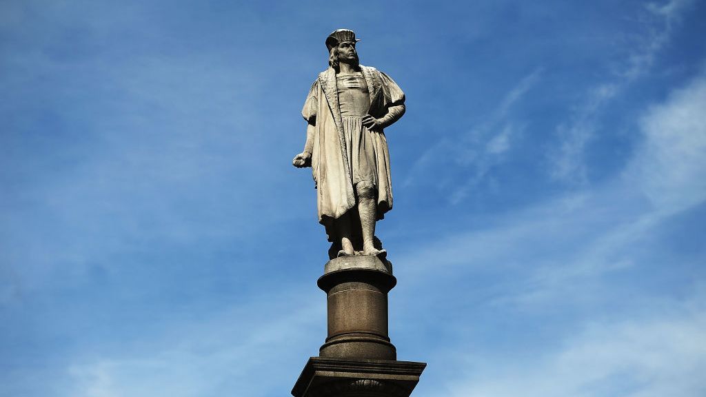 A 76-foot statue of Christopher Columbus stands in Columbus Circle on August 23, 2017, in New York City. Historians have long acknowledged that Columbus didn't discover North America, and a new study suggests he may even have been aware of North America before he ever set sail. (Spencer Platt/Getty Images)