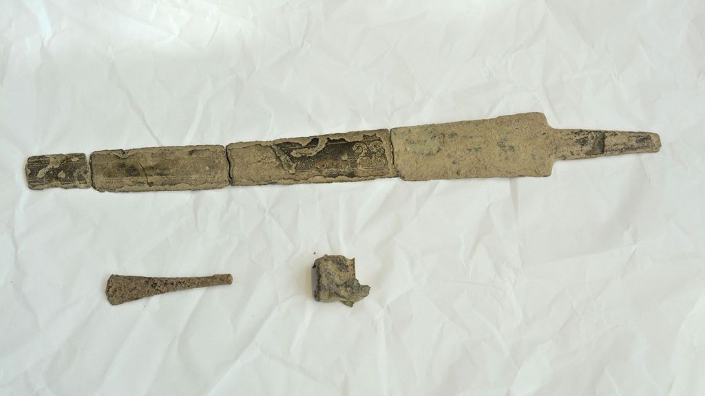 Pieces of a sword believed to be from the Bronze Age were found by Matti Rintamaa in his parent's yard with the help of a metal detector in the Finnish village of Panelia. (Sami Raninen, Finnish Heritage Agency/Zenger News)