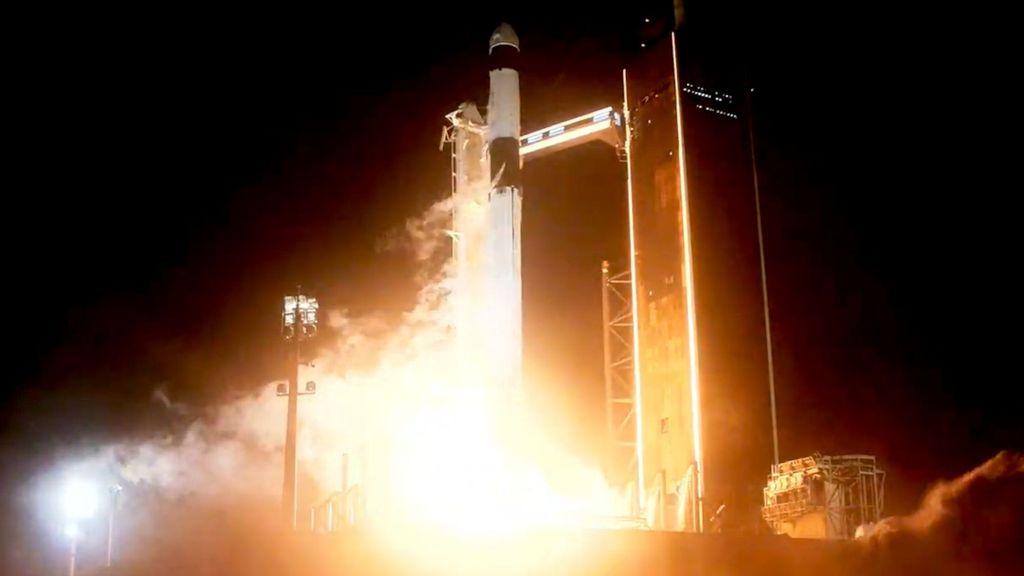 The Falcon 9 rocket, topped by the Crew Dragon capsule containing four astronauts, makes a fiery liftoff from NASA's Kennedy Space Center in Florida on Nov. 10, 2021. (NASA Kennedy Space Center/Zenger)