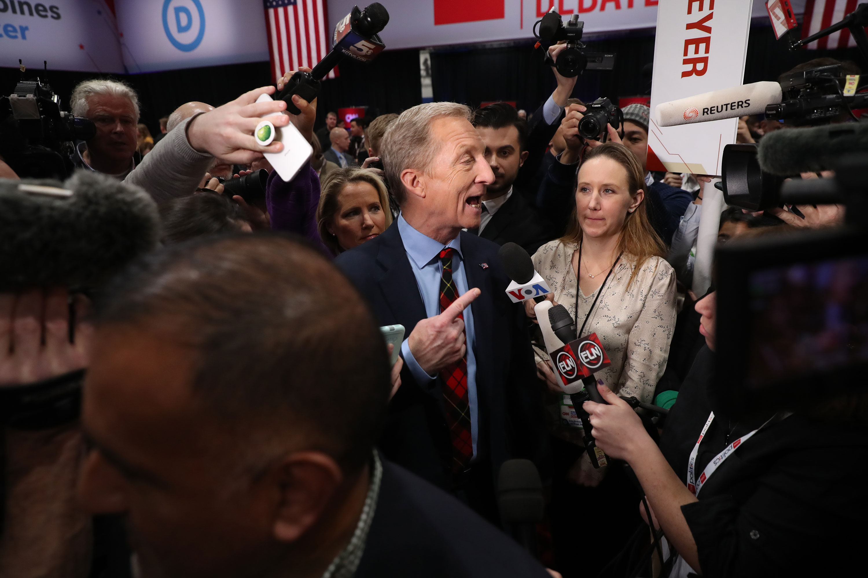 Tom Steyer in the spin room following the Democratic debate in Des Moines, Iowa, on January 14.