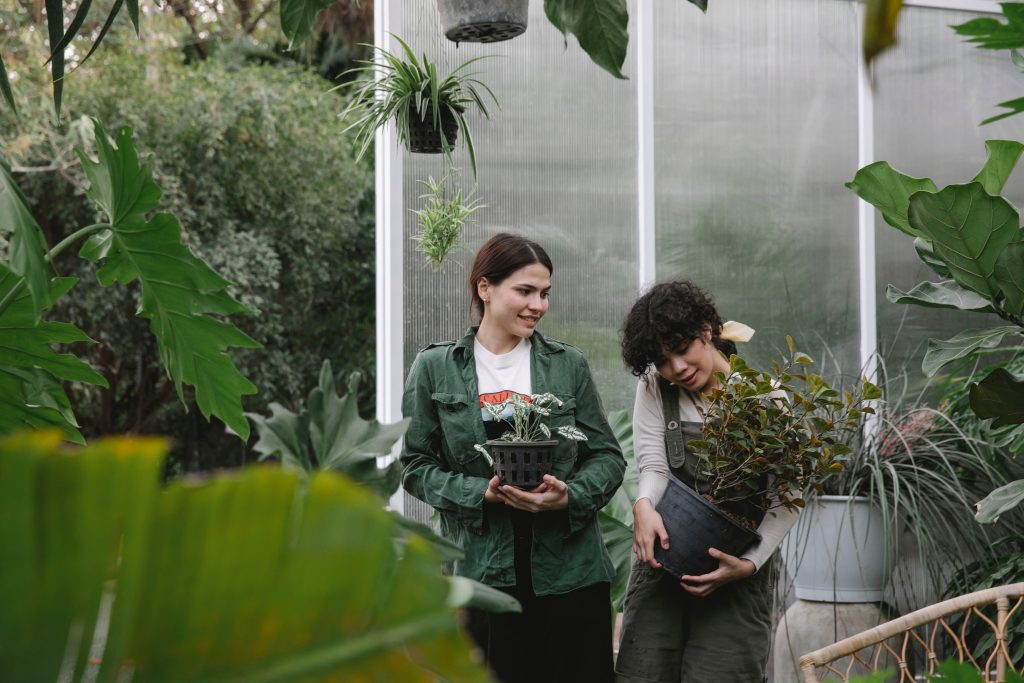 Two women carrying potted plants.