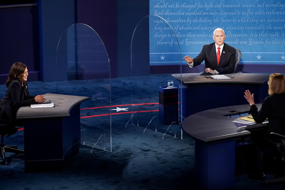 Senator Kamala Harris (D) debating against Vice President Mike Pence (R) in Salt Lake City, UT.